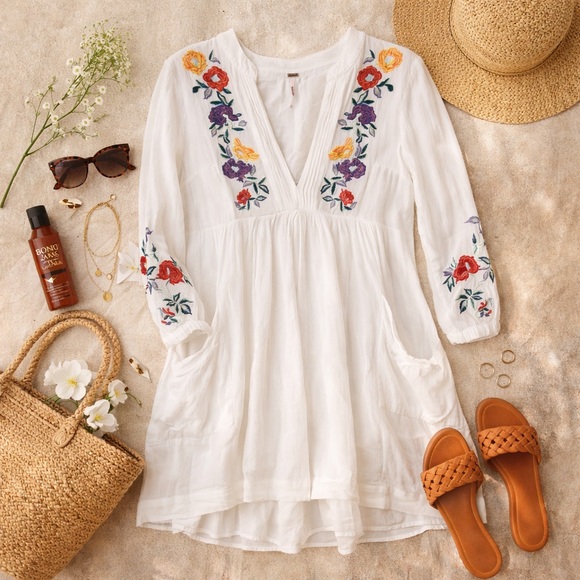 Free People Boho White Embroidered Mini Dress Flowy Peasant Tunic Prairie S - Picture 5 of 14